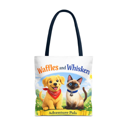 Waffles & Whiskers Adventure Pals Tote Bag — Cute Puppy and Kitten Kids Book Design