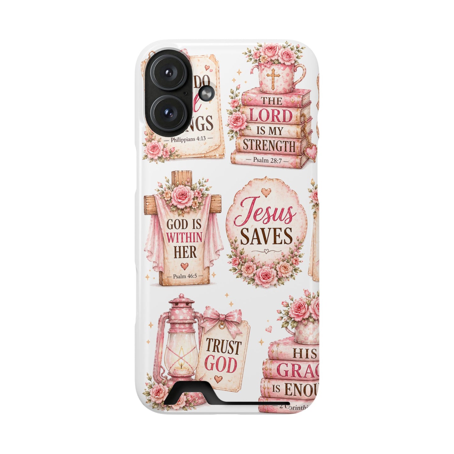 Christian Floral Phone Case with Card Holder — 'Jesus Saves' Inspirational Design