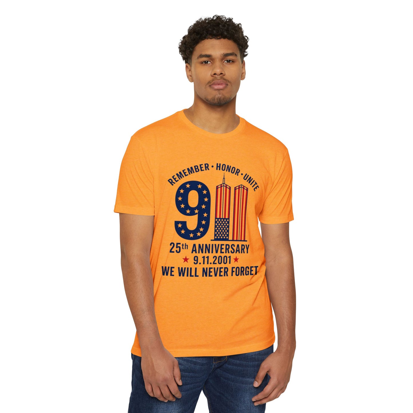 9/11 Memorial T-Shirt – "Remember Honor Unite" 25th Anniversary We Will Never Forget