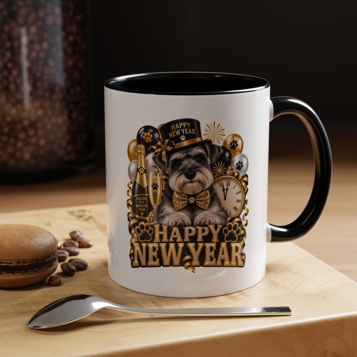 Happy New Year Dog Coffee Mug — Festive Black & Gold 11/15oz Accent Mug