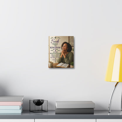 Seek First the Kingdom Canvas Wall Art — Christian Scripture Matthew 6:33 Prayer Decor