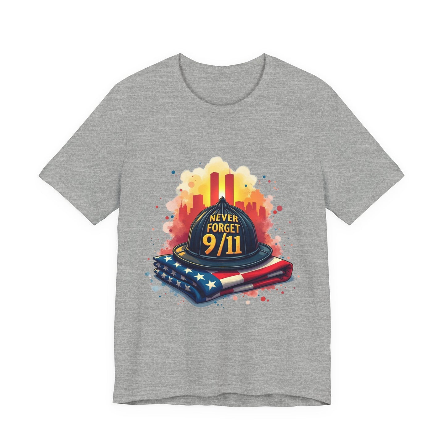 Never Forget 9/11 Memorial T-Shirt — Firefighter Helmet & Flag Tribute Tee