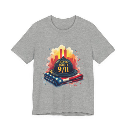 Never Forget 9/11 Memorial T-Shirt — Firefighter Helmet & Flag Tribute Tee