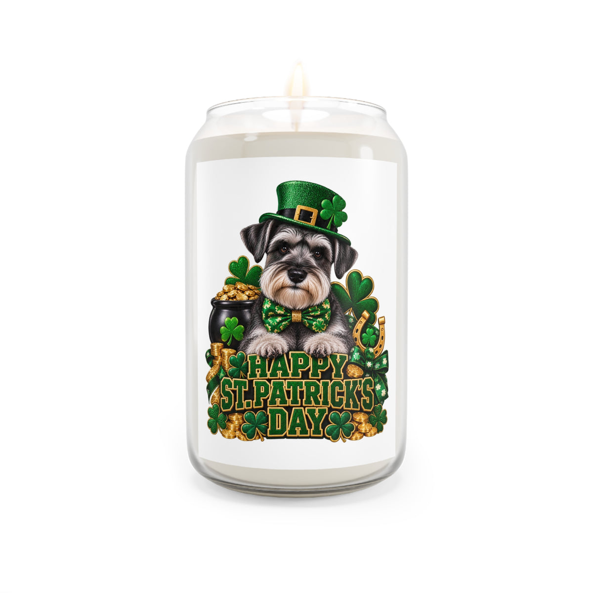 St. Patrick’s Day Soy Candle — Happy St. Patrick’s Day Schnauzer Design (13.75 oz)