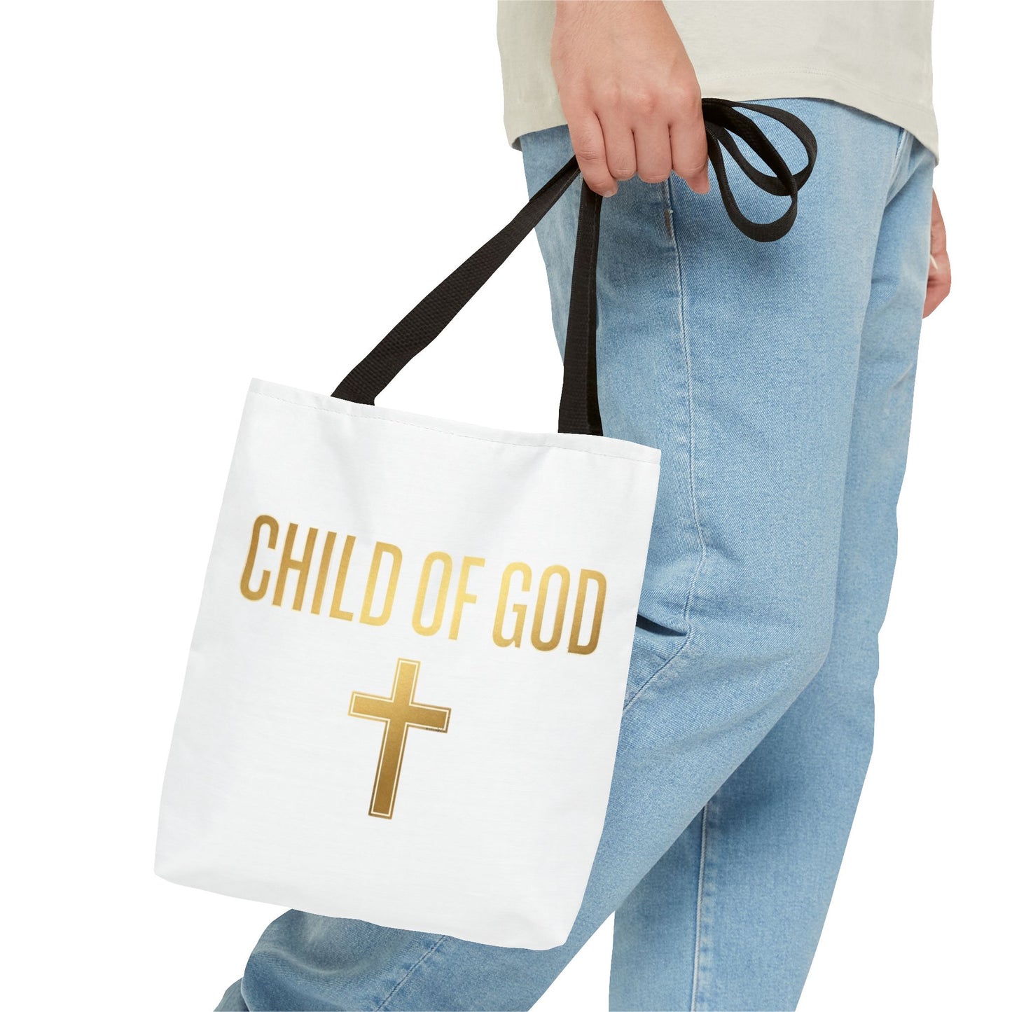 Child of God Tote Bag — Gold Cross Religious Canvas Tote