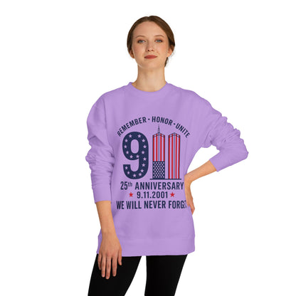 9/11 Remembrance Crewneck Sweatshirt — 25th Anniversary "We Will Never Forget"