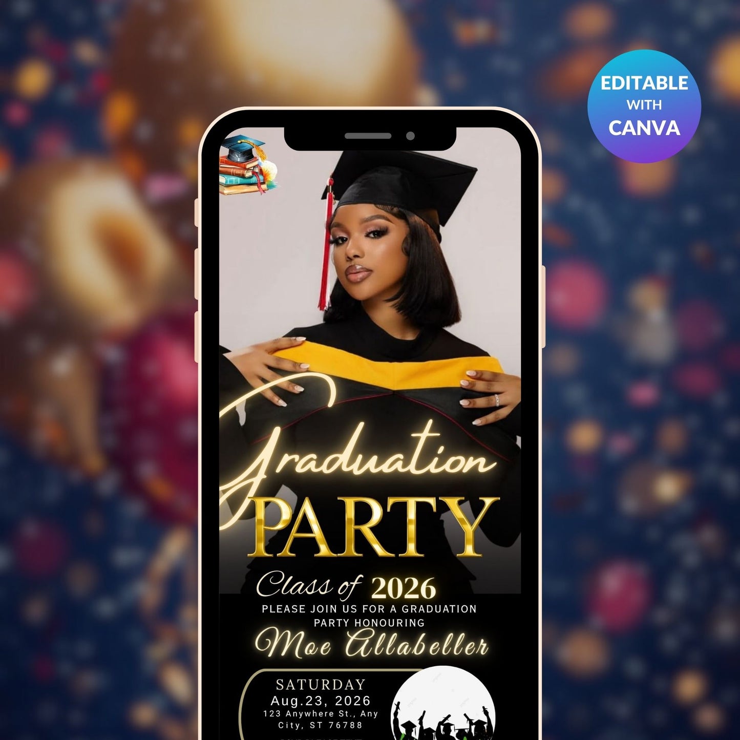 Elegant Black Mobile Graduation Invite | Editable Graduation Digital Invitation Template