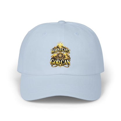 Dad Cap — Vintage Gold Crest "When I Can, God Can" Embroidered Hat