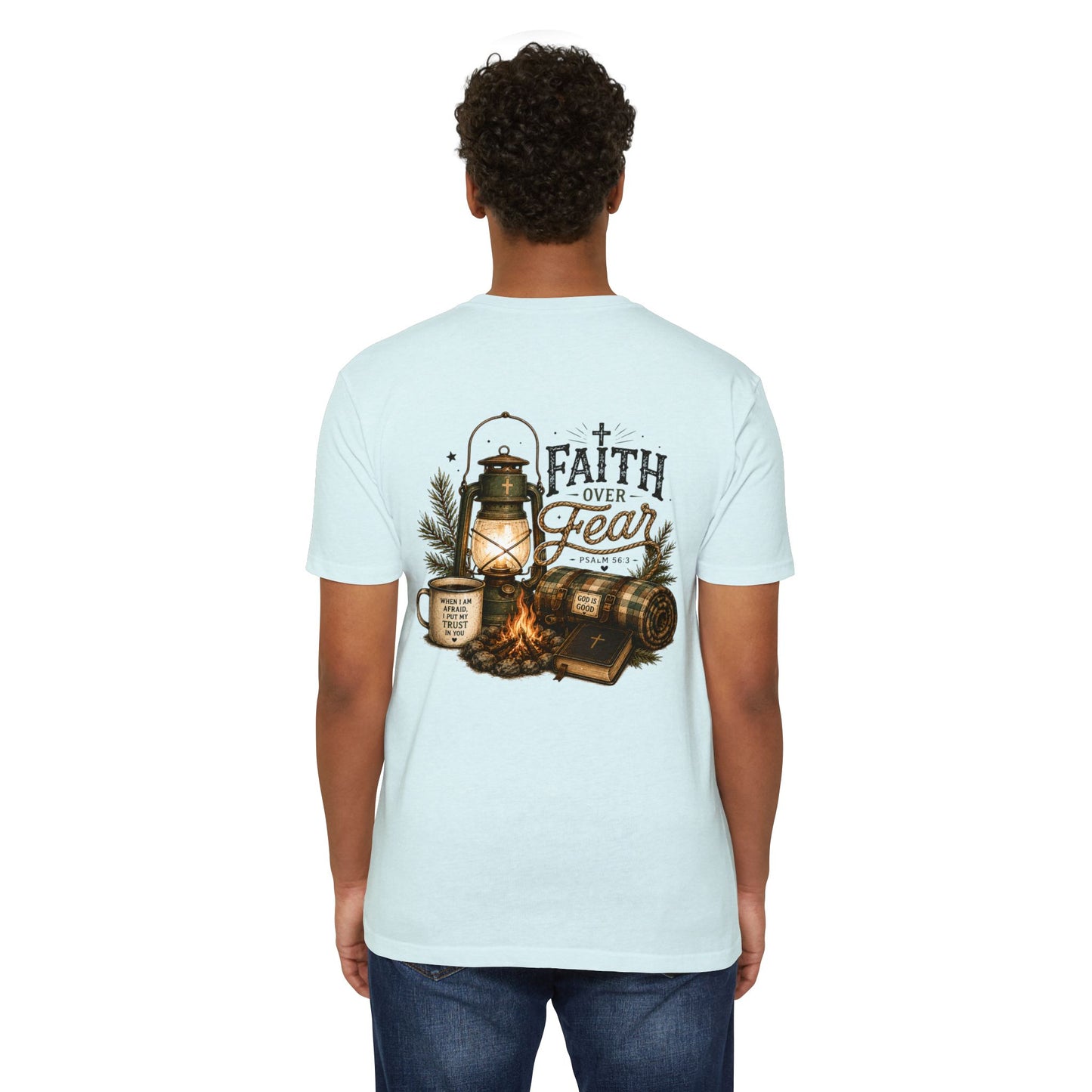 Faith Over Fear T-Shirt — Christian Camping Lantern & Bible Graphic
