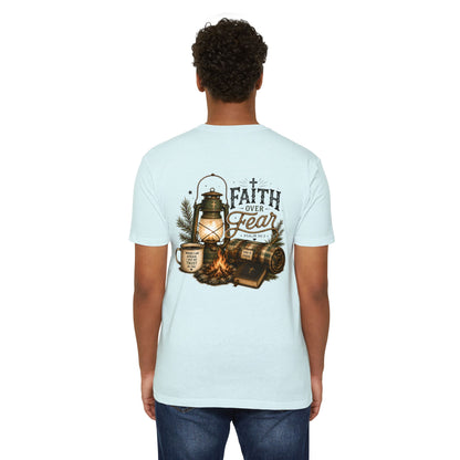 Faith Over Fear T-Shirt — Christian Camping Lantern & Bible Graphic