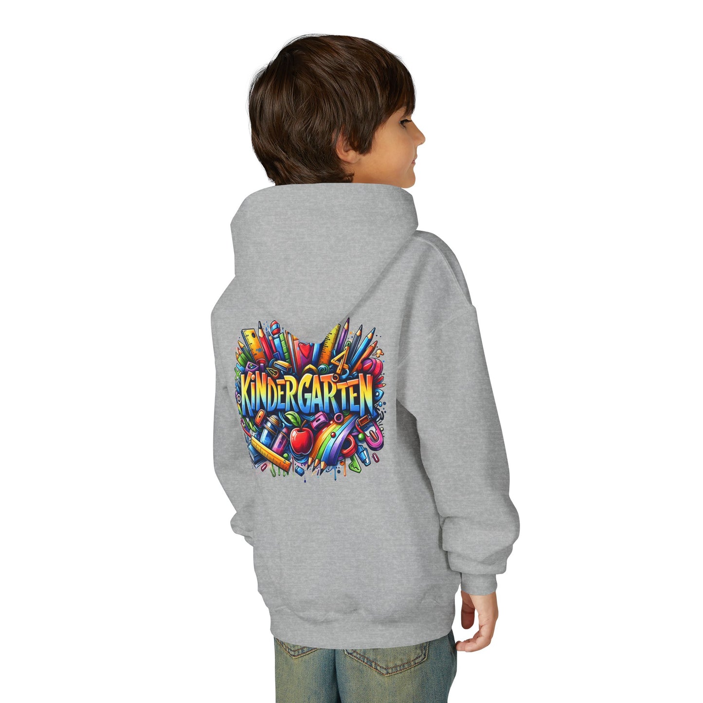 Kindergarten Kids Hoodie — Colorful School Supplies Back-to-School Sweatshirt