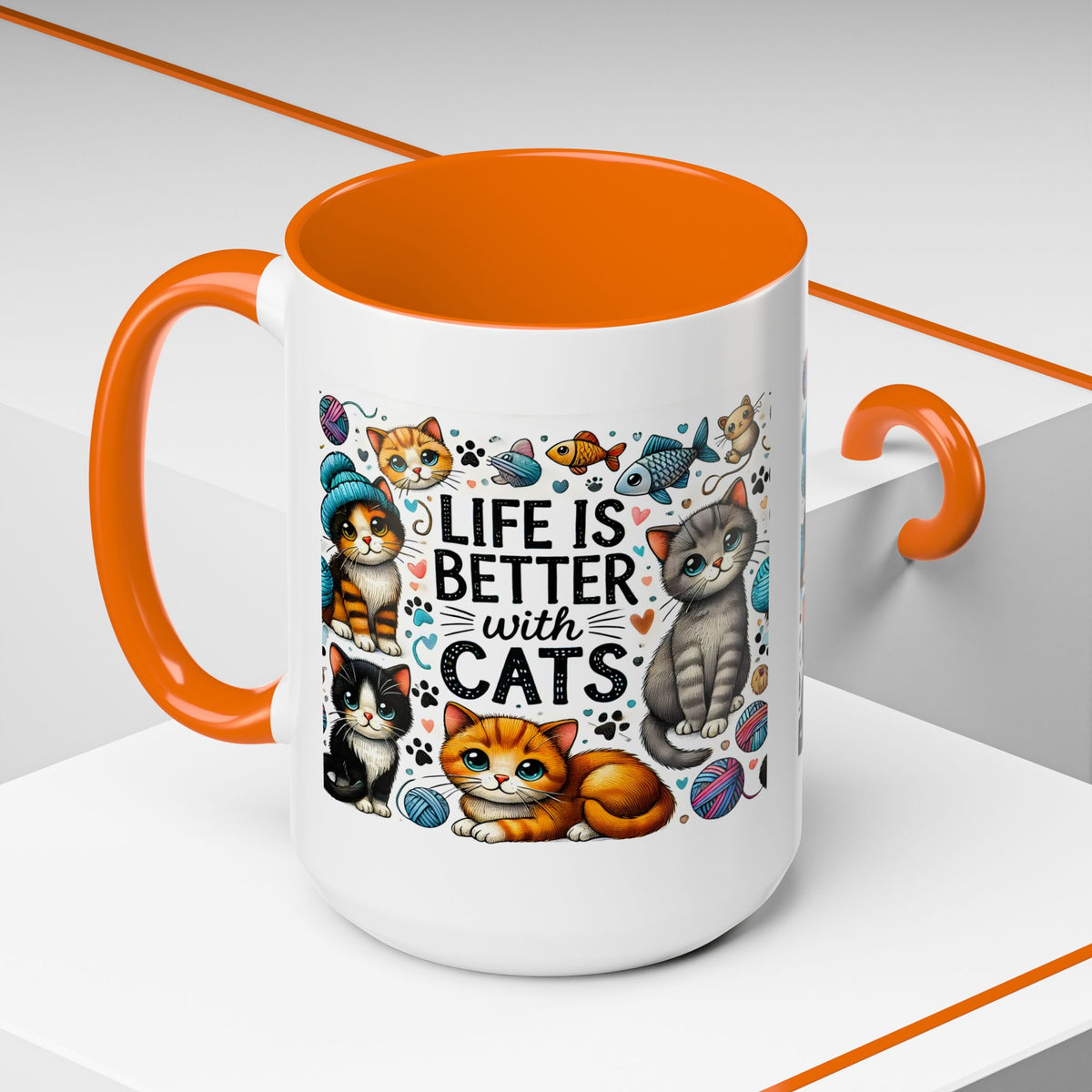 Life Is Better With Cats Accent Coffee Mug – Cute Kitten Ceramic Tea Cup (11/15oz)