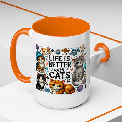 Life Is Better With Cats Accent Coffee Mug – Cute Kitten Ceramic Tea Cup (11/15oz)