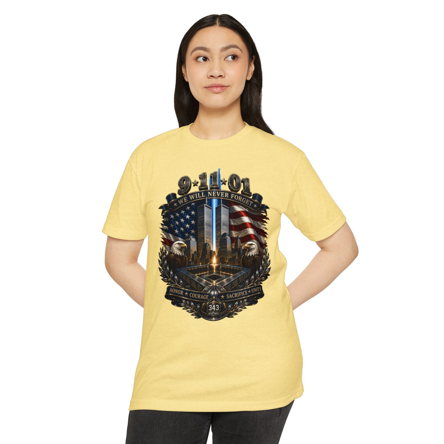9/11 Never Forget Tribute T-Shirt — World Trade Center Memorial Tee