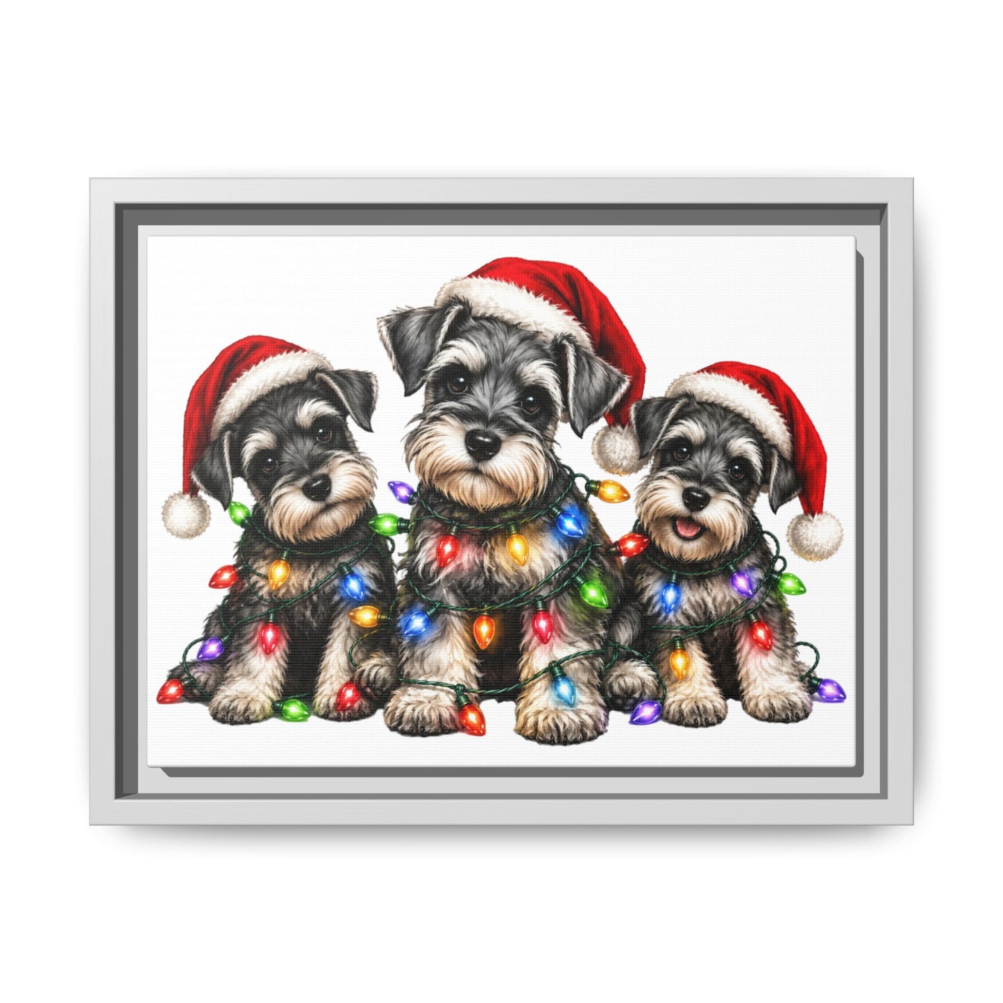 Christmas Schnauzer Canvas Print — Festive Puppies in Santa Hats (Matte Framed)
