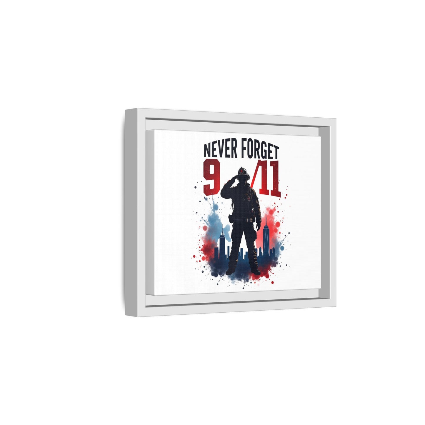Never Forget 9/11 Framed Canvas Print — Patriotic Firefighter Memorial Art