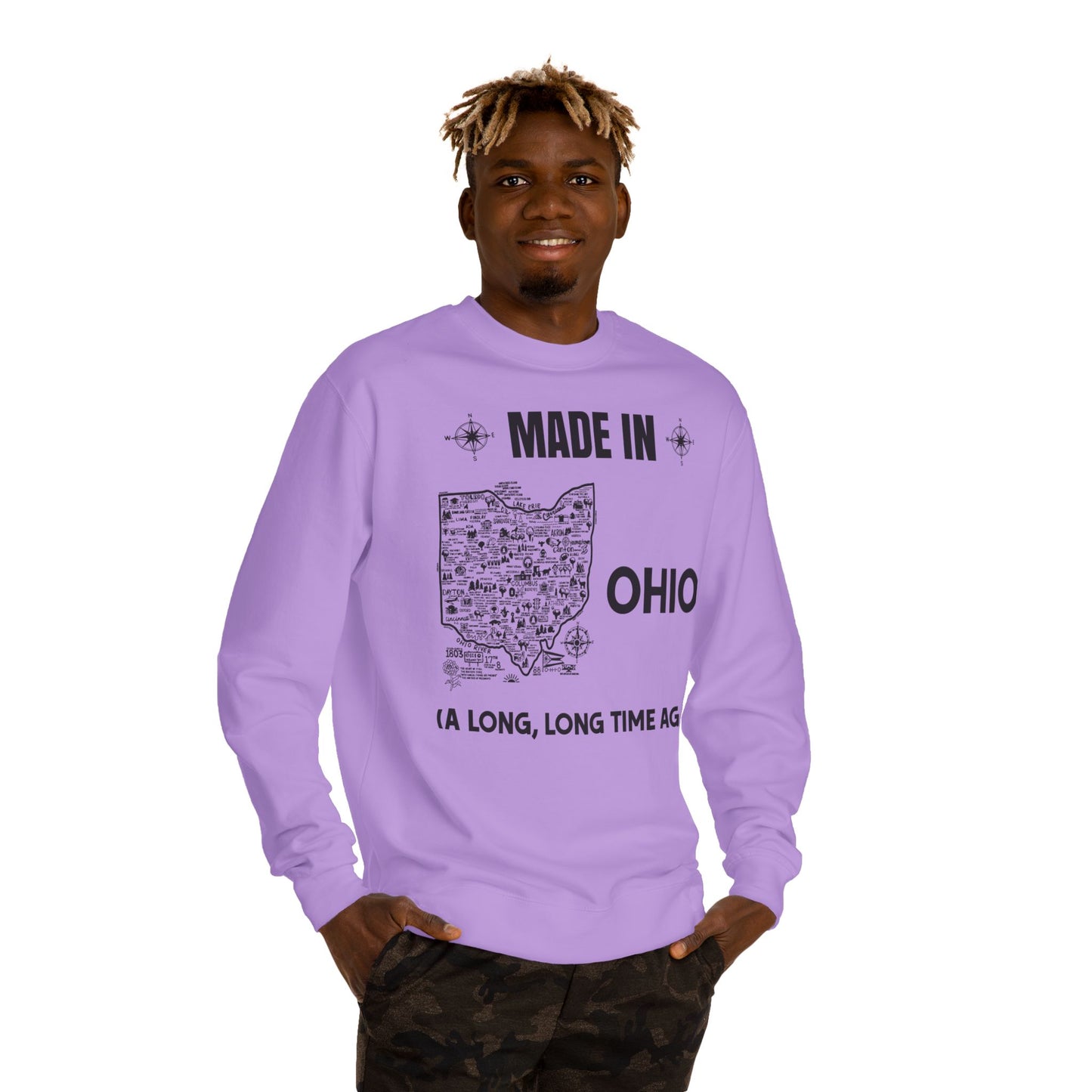 Made in Ohio Crewneck Sweatshirt — Vintage State Map "A Long, Long Time Ago"