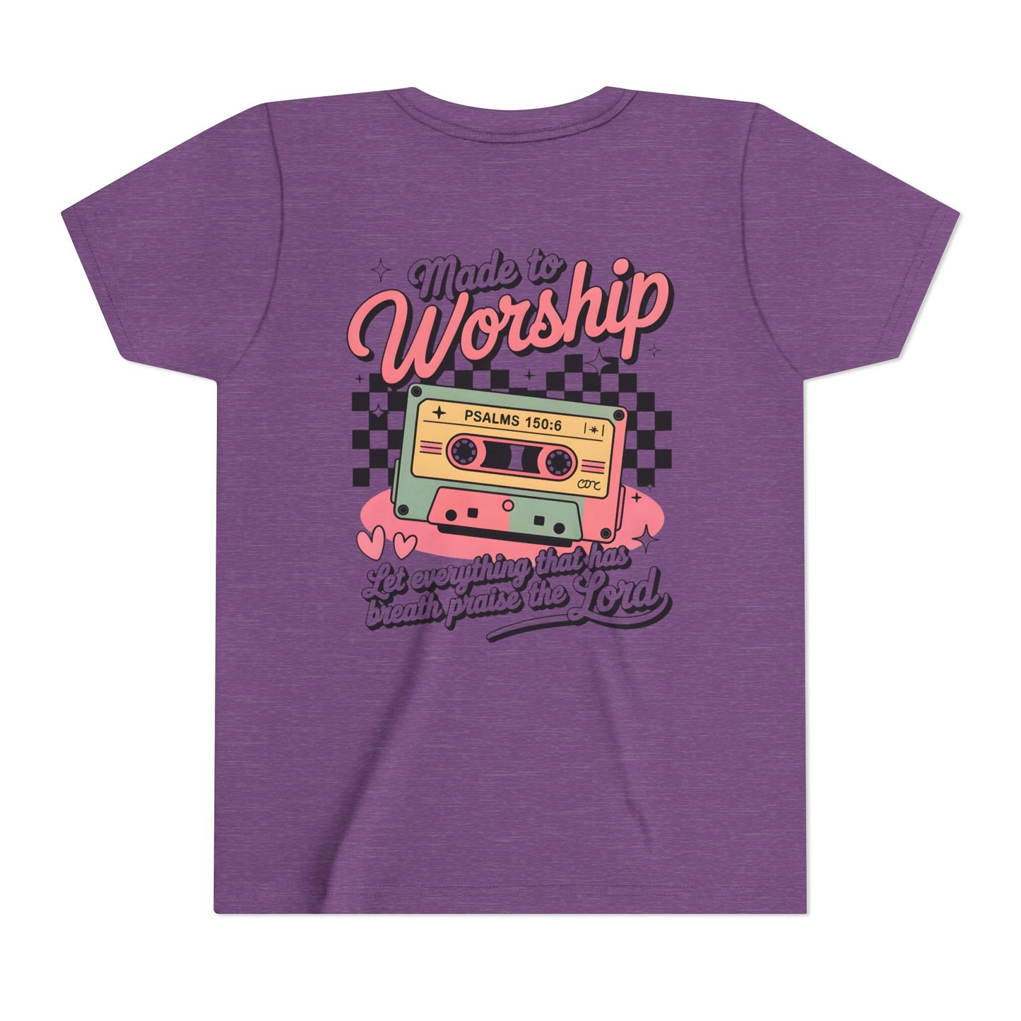 Made to Worship Youth Tee – Retro Cassette Christian Kids Shirt (Psalms 100:4)