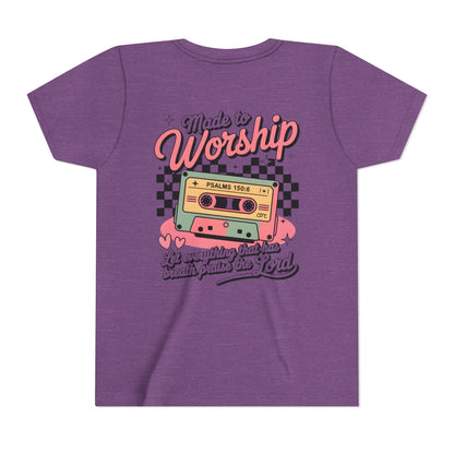 Made to Worship Youth Tee – Retro Cassette Christian Kids Shirt (Psalms 100:4)