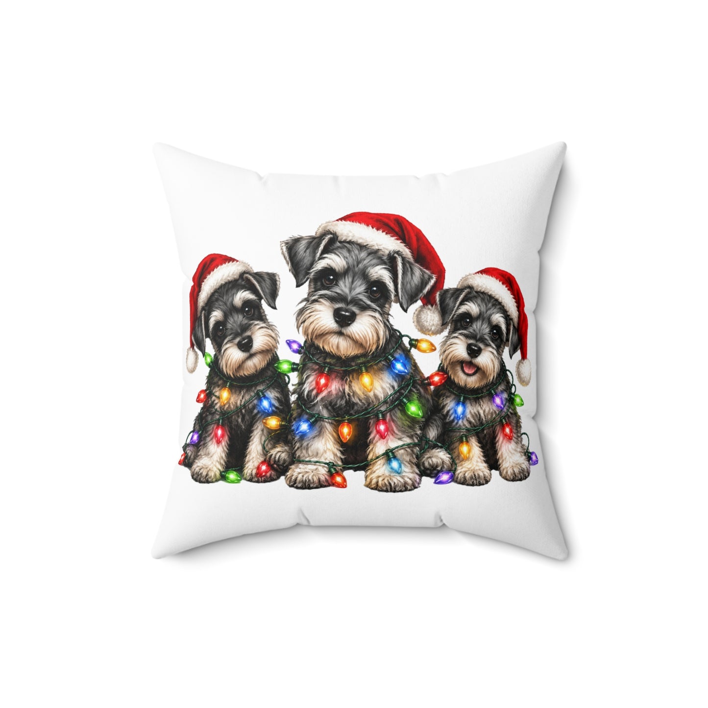 Schnauzer Puppies Christmas Pillow - Holiday Dogs with Santa Hats & String Lights Decorative Pillow