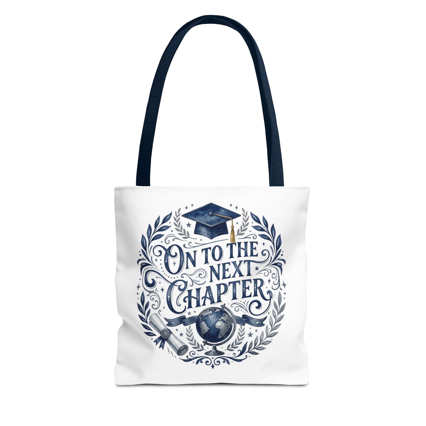 Graduation Tote Bag — "On to the Next Chapter" Cap & Globe Gift Tote