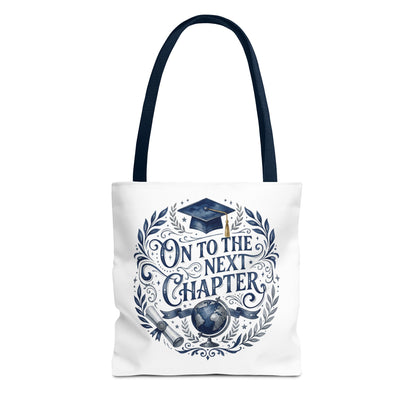 Graduation Tote Bag — "On to the Next Chapter" Cap & Globe Gift Tote