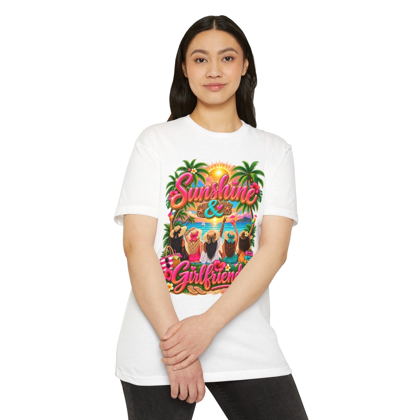 Sunshine & Girlfriends Beach T-Shirt — Tropical Vacation Tee for Friends