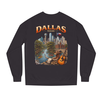Dallas Skyline Crewneck Sweatshirt — Texas Cityscape & Acoustic Guitar Design