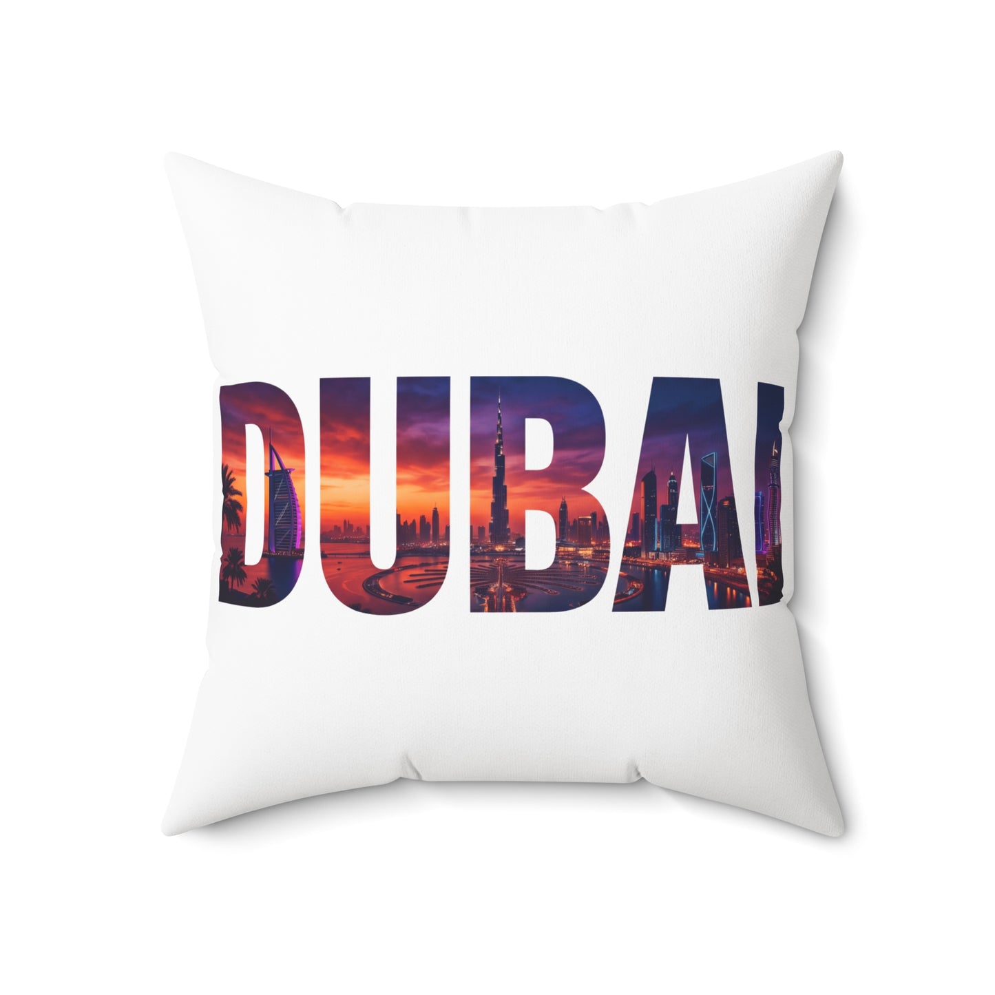 Dubai Skyline Photo-Text Throw Pillow — Travel Souvenir Decorative Cushion