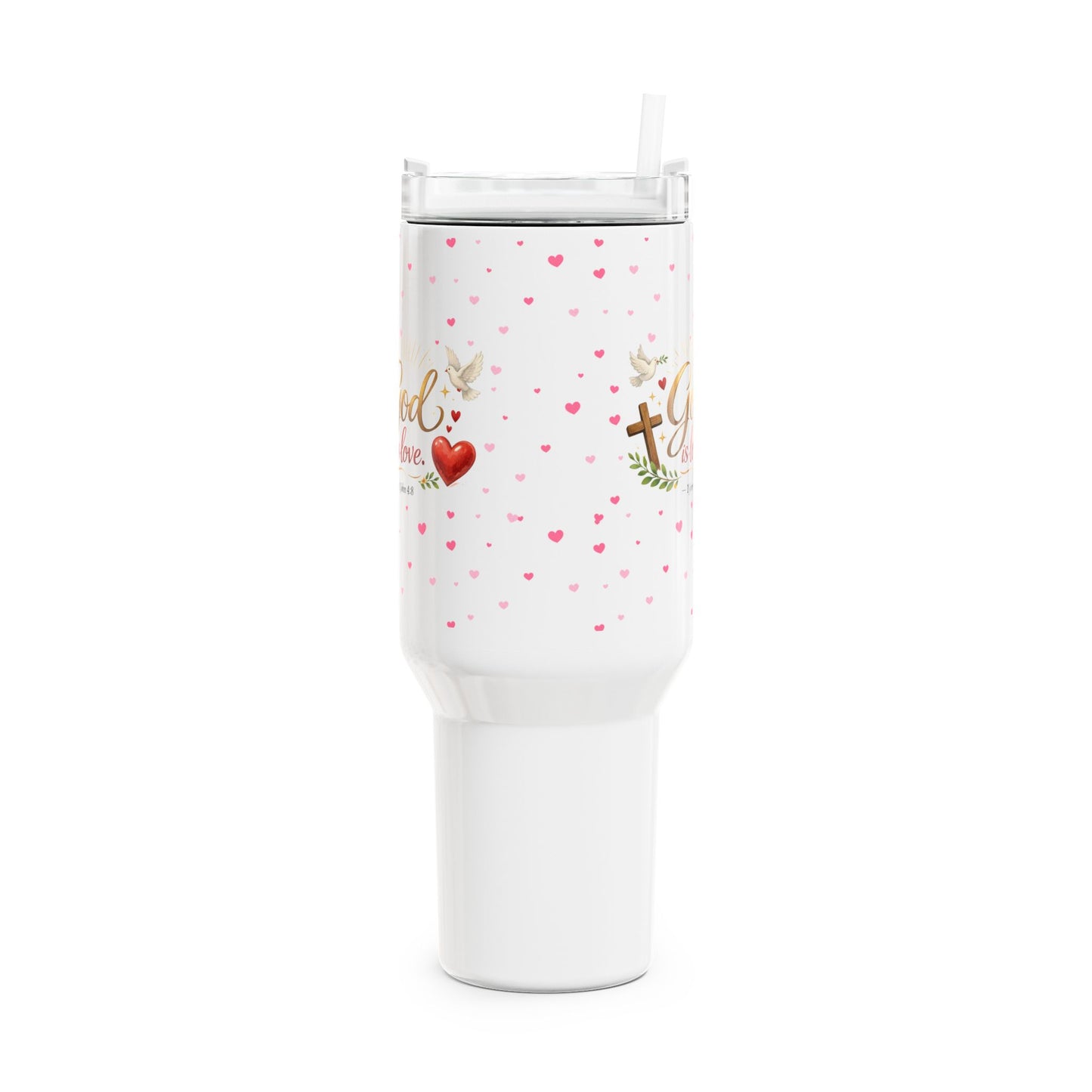 God Is Love 40oz Tumbler — Christian Faith Travel Mug with Hearts & Cross