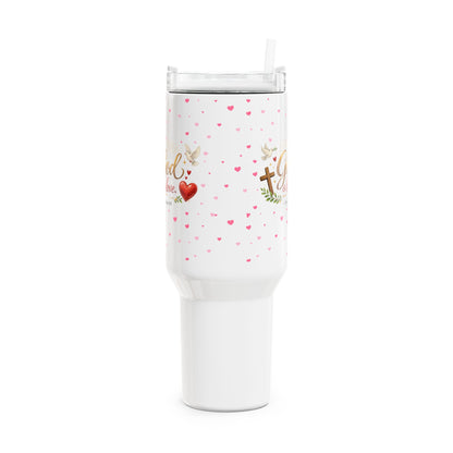 God Is Love 40oz Tumbler — Christian Faith Travel Mug with Hearts & Cross