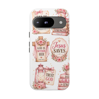 Christian Phone Case — Jesus Saves Floral Tough Case with 'God Is Within Her' & 'Trust God' Design