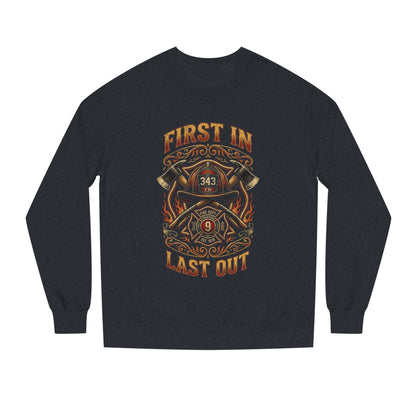 Firefighter Crewneck Sweatshirt — "First In, Last Out" Vintage Fire Department Design