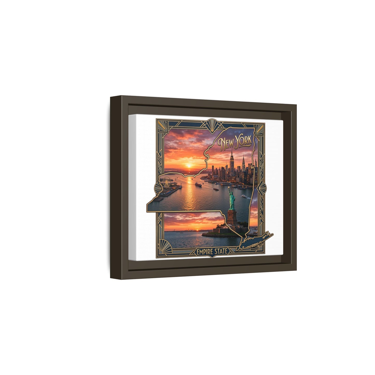 Framed Matte Canvas Wall Art — New York City Sunset Skyline with Statue of Liberty