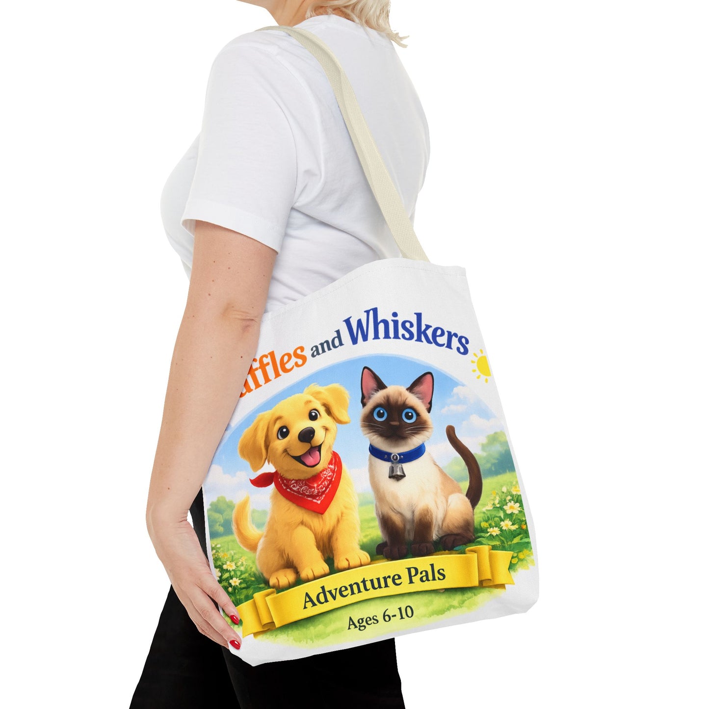 Waffles & Whiskers Adventure Pals Tote Bag — Cute Puppy and Kitten Kids Book Design