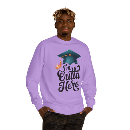 Graduation Crewneck Sweatshirt – “I’m Outta Here” Cap & Tassel Design