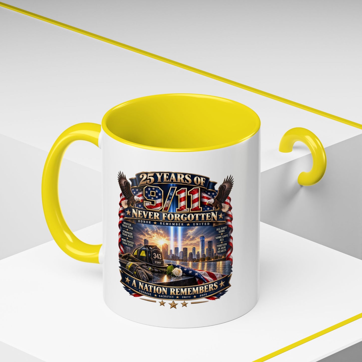 9/11 Memorial Coffee Mug — "25 Years of Never Forgotten" Patriot Tribute