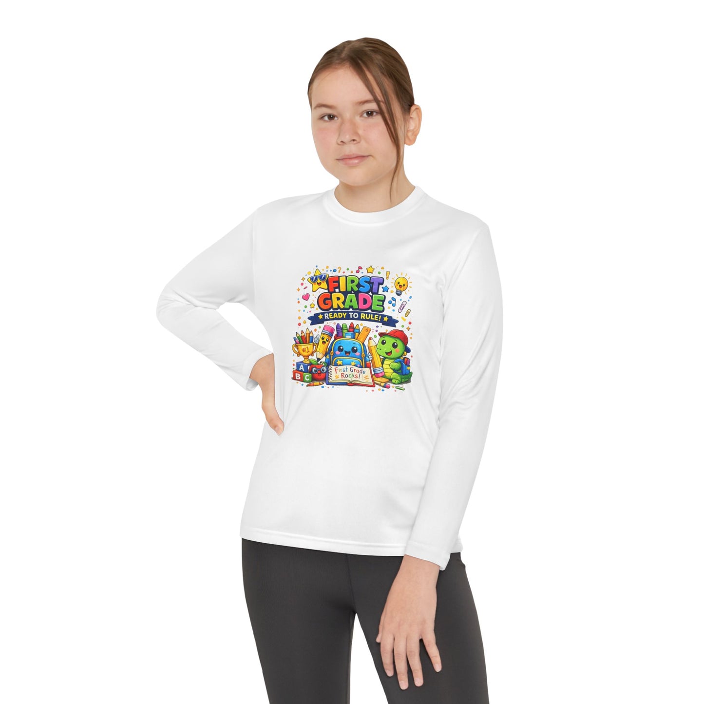 First Grade Ready Youth Long Sleeve Tee — "First Grade Here I Come" Back-to-School Shirt