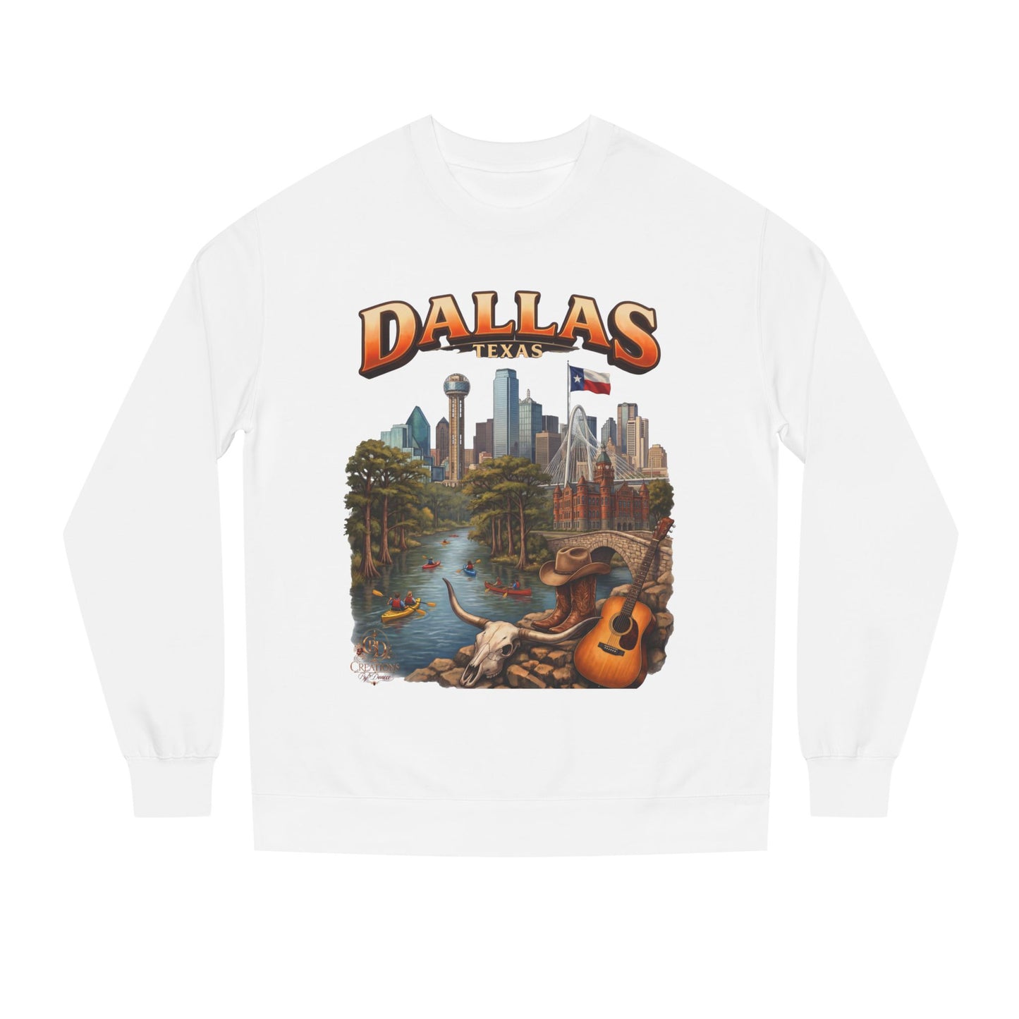 Dallas Skyline Crewneck Sweatshirt — Texas Cityscape & Acoustic Guitar Design