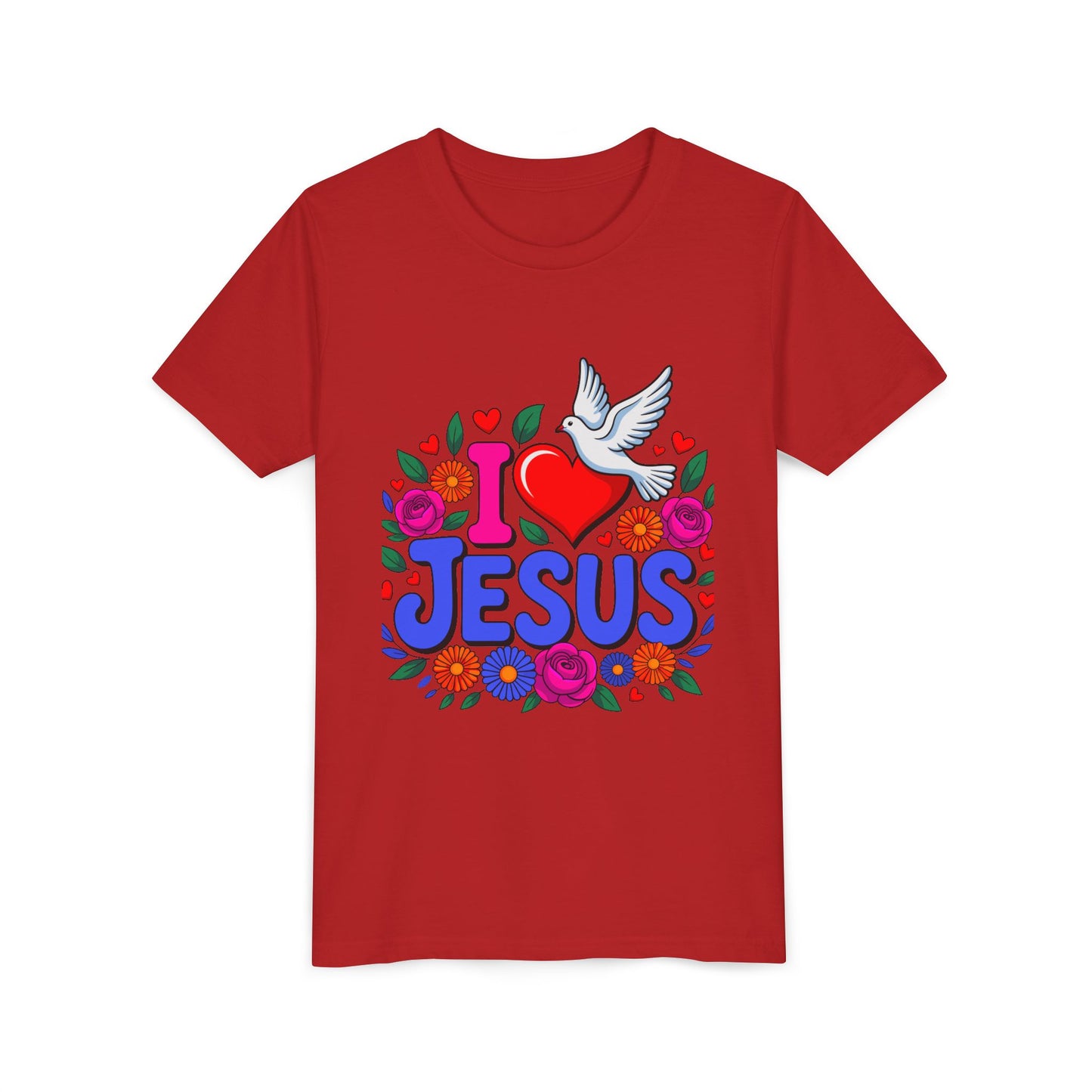 Youth Tee — "I  Jesus" Colorful Dove & Floral Christian Shirt