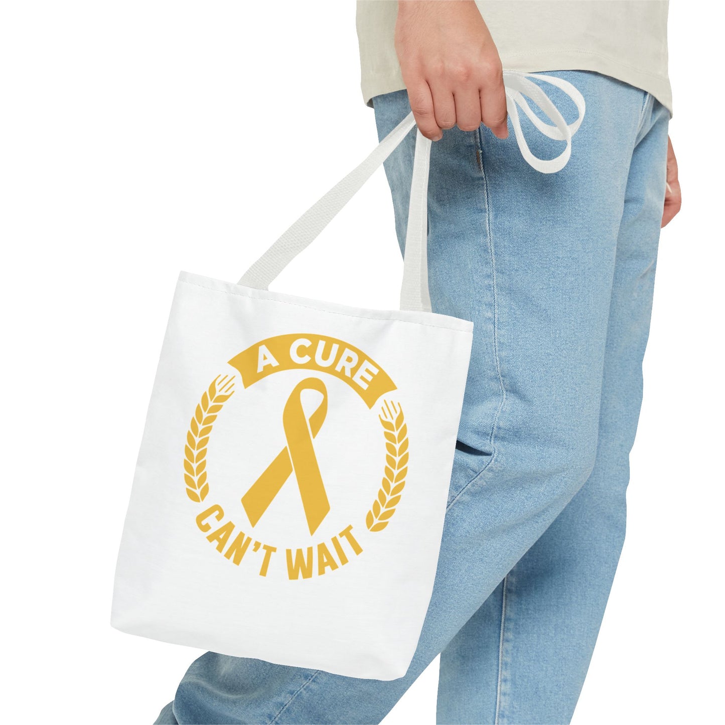 A Cure Can’t Wait Gold Ribbon Tote Bag — Cancer Awareness Support Tote