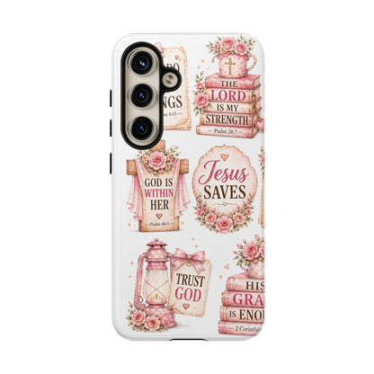 Christian Phone Case — Jesus Saves Floral Tough Case with 'God Is Within Her' & 'Trust God' Design