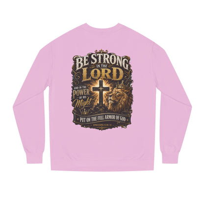 Christian Crewneck Sweatshirt — “Be Strong in the Lord” Cross & Lion Faith Pullover
