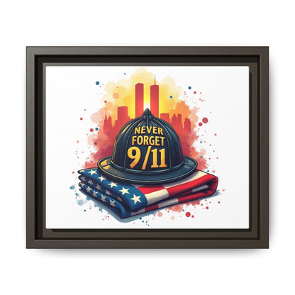 Never Forget 9/11 Framed Canvas Print — Firefighter Helmet & American Flag Memorial Art