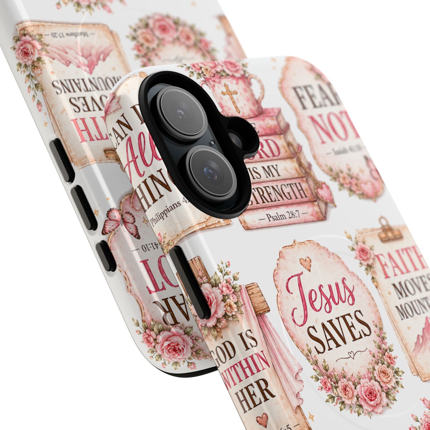 Christian Faith iPhone Tough Magnetic Case — 'Jesus Saves' Floral Scripture Design (Fear Not, Faith Moves Mountains)