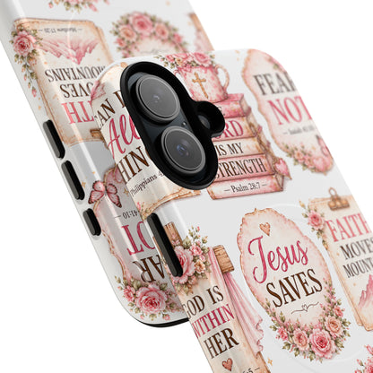 Christian Faith iPhone Tough Magnetic Case — 'Jesus Saves' Floral Scripture Design (Fear Not, Faith Moves Mountains)