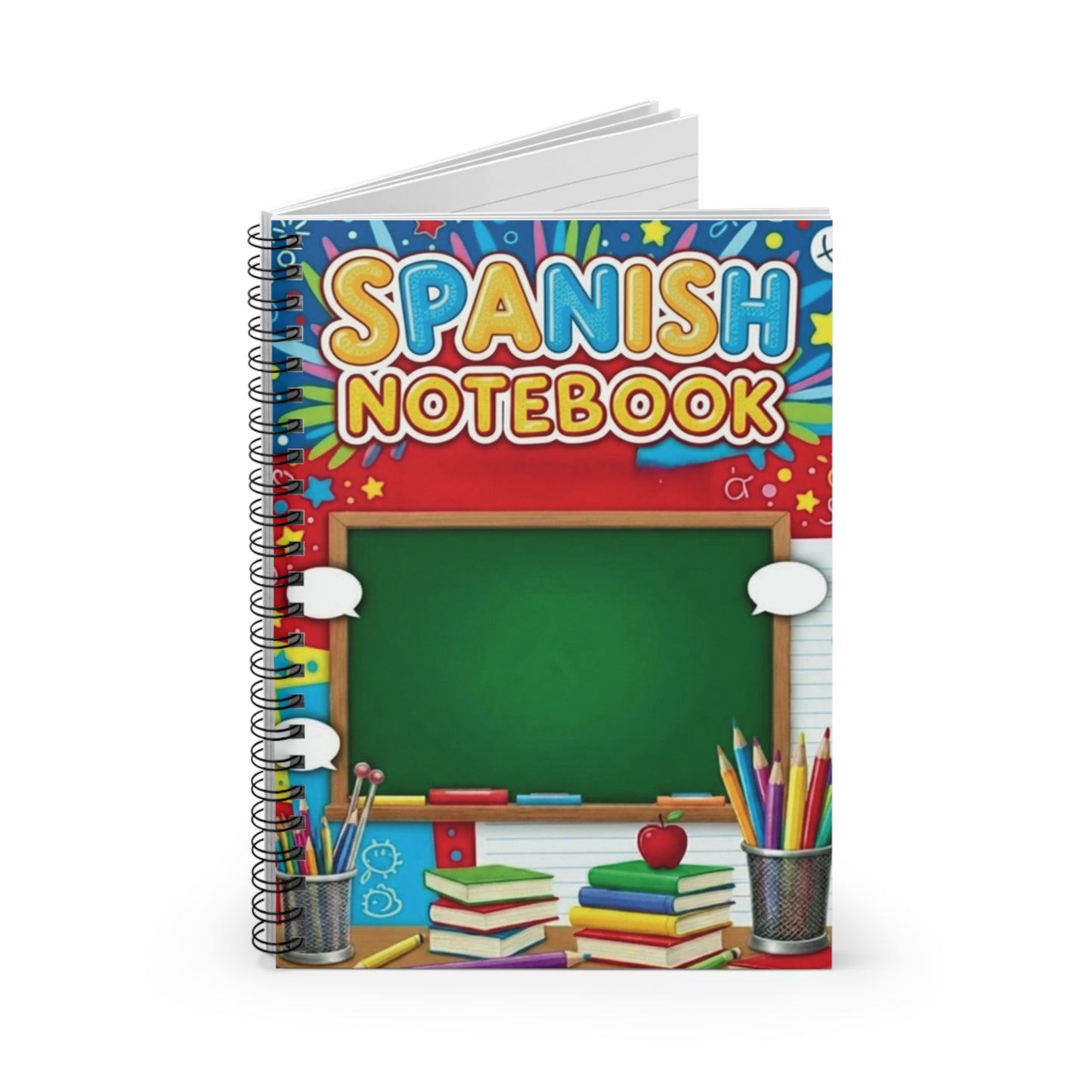 Spanish Notebook Spiral Ruled Journal — Colorful Classroom Chalkboard Design for Students & Teachers