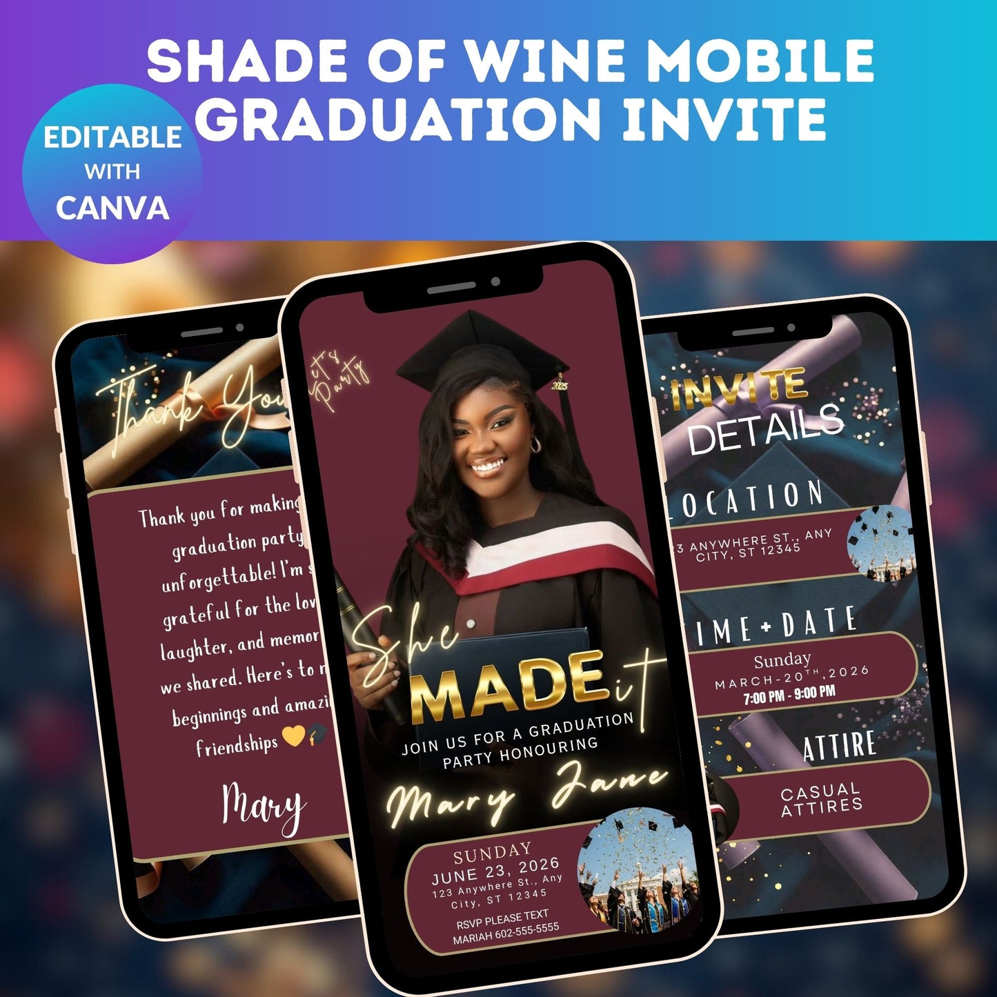 Shade of Wine Mobile Graduation Invite | Elegant Editable Digital Grad Invitation