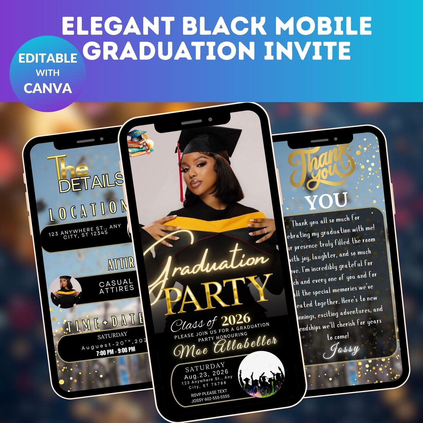 Elegant Black Mobile Graduation Invite | Editable Graduation Digital Invitation Template