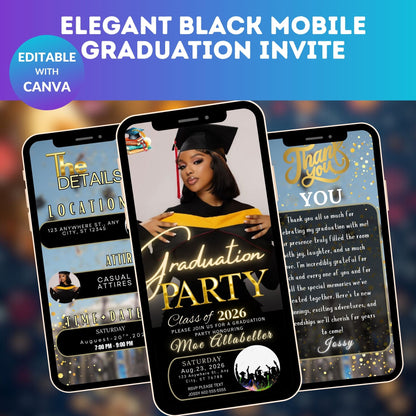 Elegant Black Mobile Graduation Invite | Editable Graduation Digital Invitation Template